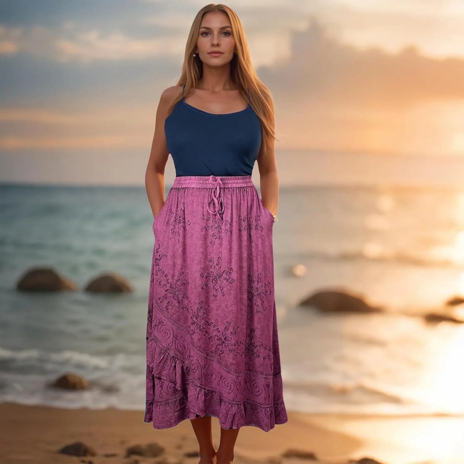 Agan Traders Women's 2025 Summer Western Boho Vintage Drawstring Embroidered Flared Ruffle High Waist Long Skirt