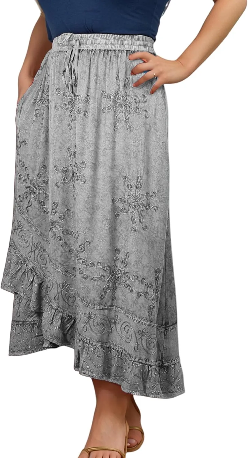 Agan Traders Women's 2025 Summer Western Boho Vintage Drawstring Embroidered Flared Ruffle High Waist Long Skirt