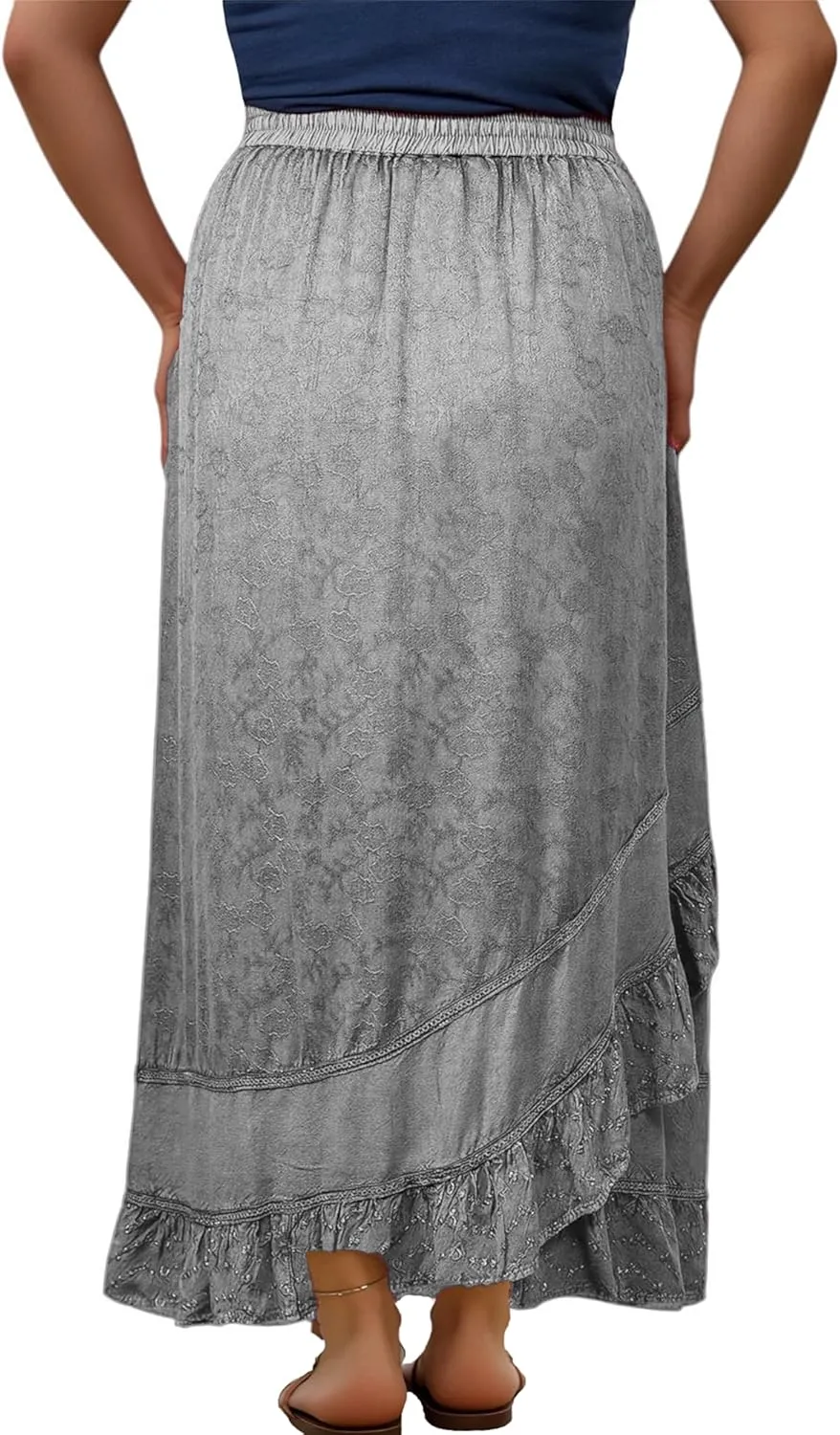 Agan Traders Women's 2025 Summer Western Boho Vintage Drawstring Embroidered Flared Ruffle High Waist Long Skirt