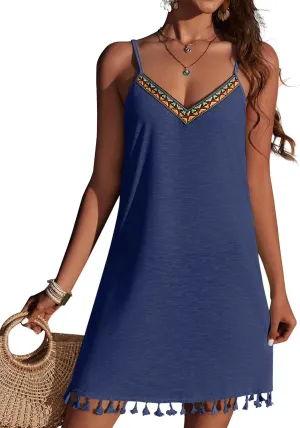 AI'MAGE Spaghetti Straps Swimsuit Coverup for Women Sleeveless Tassels Bathing Suit Cover Up V Neck Swim Beach Dresses S-3XL