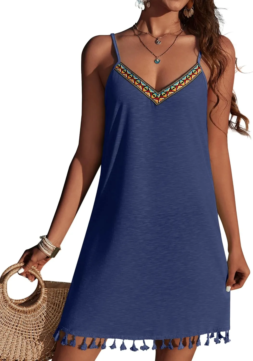 AI'MAGE Spaghetti Straps Swimsuit Coverup for Women Sleeveless Tassels Bathing Suit Cover Up V Neck Swim Beach Dresses S-3XL