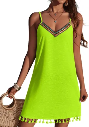 AI'MAGE Spaghetti Straps Swimsuit Coverup for Women Sleeveless Tassels Bathing Suit Cover Up V Neck Swim Beach Dresses S-3XL