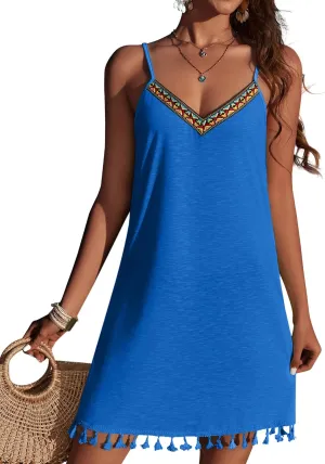 AI'MAGE Spaghetti Straps Swimsuit Coverup for Women Sleeveless Tassels Bathing Suit Cover Up V Neck Swim Beach Dresses S-3XL