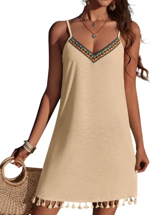 AI'MAGE Spaghetti Straps Swimsuit Coverup for Women Sleeveless Tassels Bathing Suit Cover Up V Neck Swim Beach Dresses S-3XL