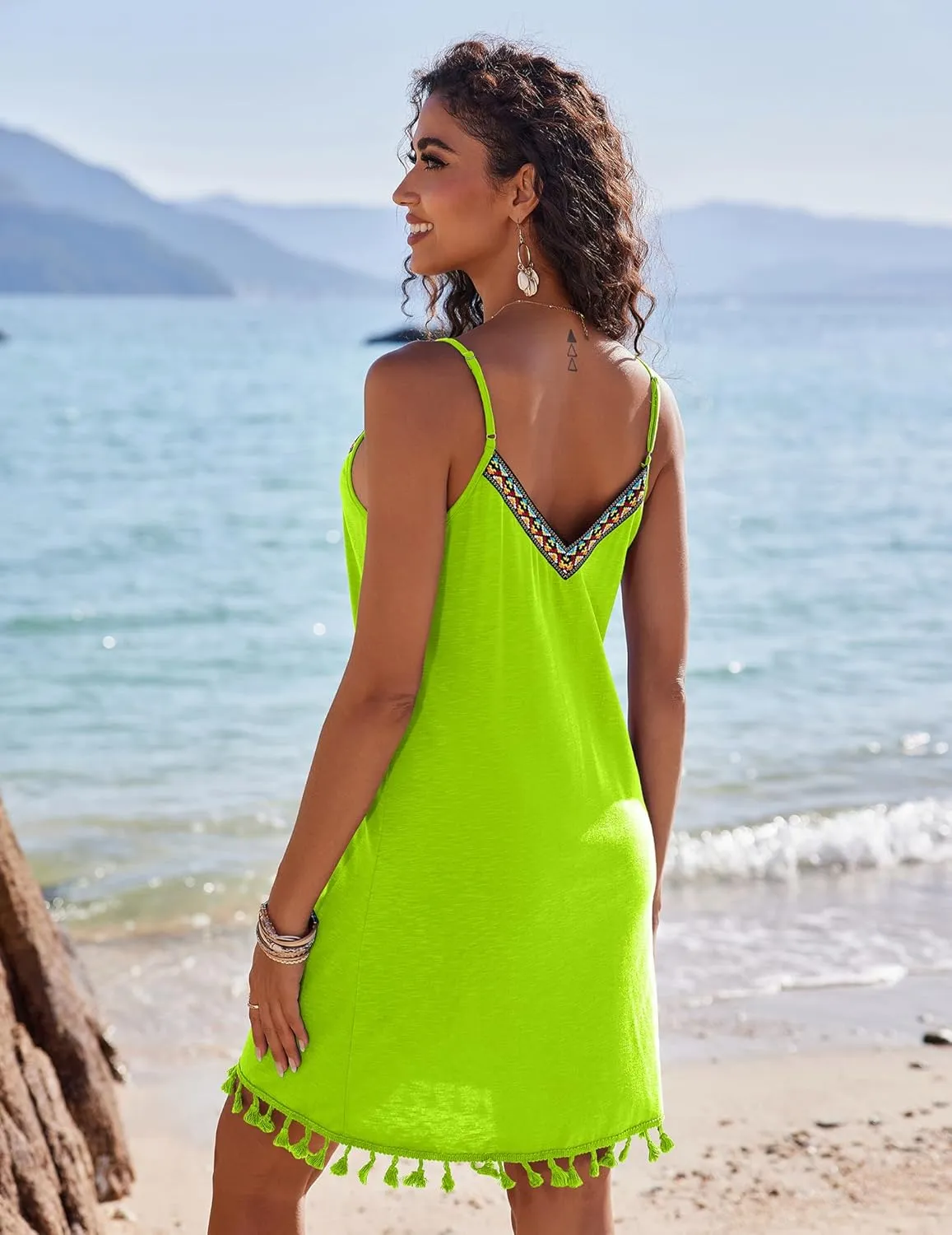 AI'MAGE Spaghetti Straps Swimsuit Coverup for Women Sleeveless Tassels Bathing Suit Cover Up V Neck Swim Beach Dresses S-3XL