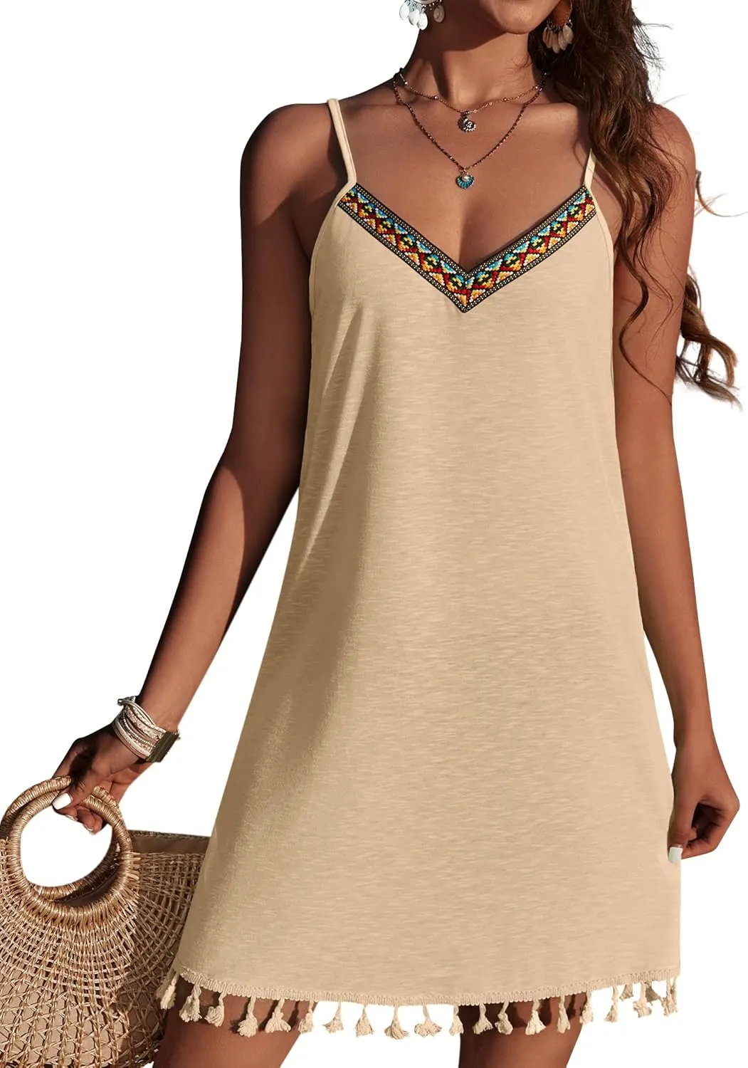 AI'MAGE Spaghetti Straps Swimsuit Coverup for Women Sleeveless Tassels Bathing Suit Cover Up V Neck Swim Beach Dresses S-3XL