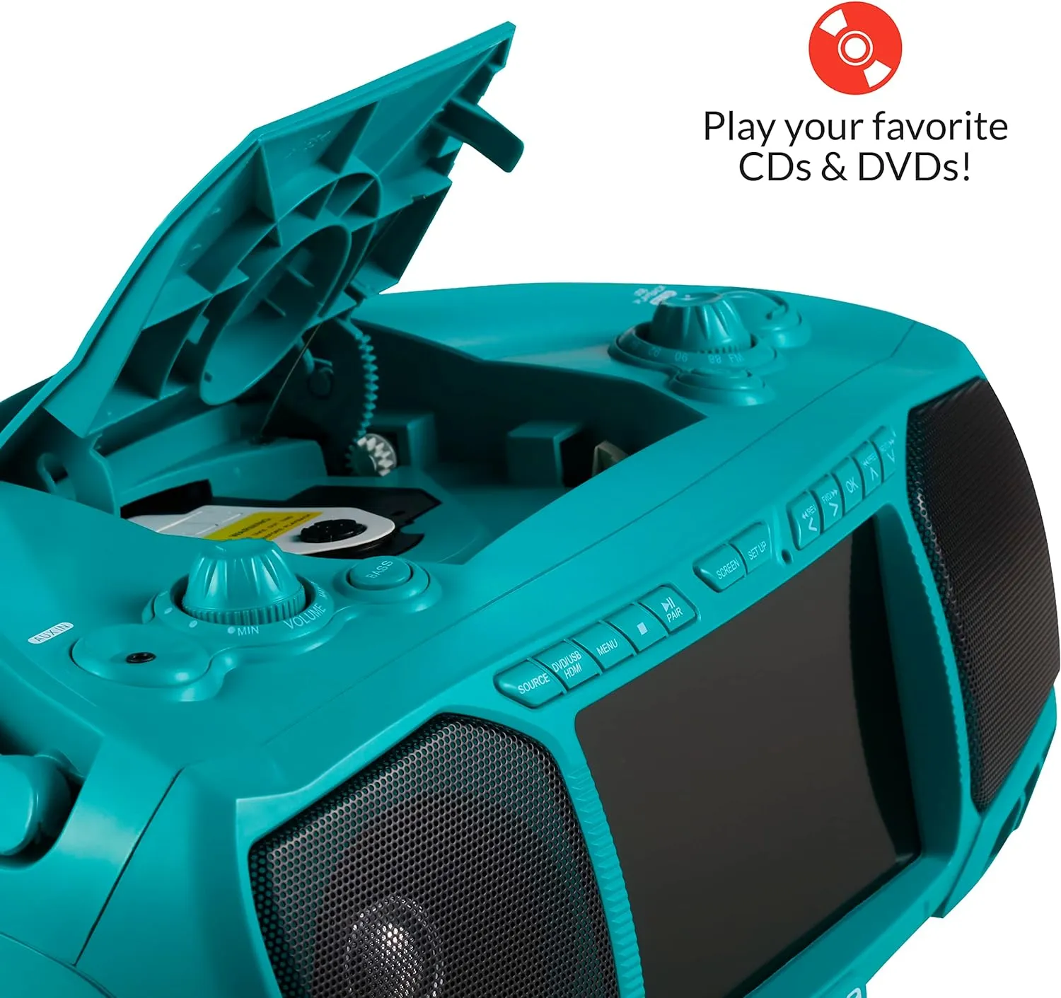 Aiwa Portable Boombox, Crystal Clear Sound with 3W x 2 Speakers and Bass Function, Featuring a 7" LCD Display, Bluetooth Connectivity, FM Radio, CD/DVD Player, Streaming on Roku and Amazon Firestick