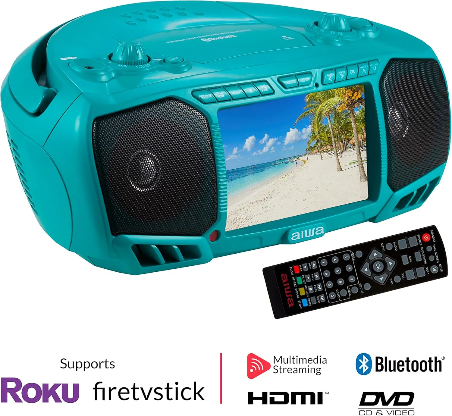 Aiwa Portable Boombox, Crystal Clear Sound with 3W x 2 Speakers and Bass Function, Featuring a 7" LCD Display, Bluetooth Connectivity, FM Radio, CD/DVD Player, Streaming on Roku and Amazon Firestick
