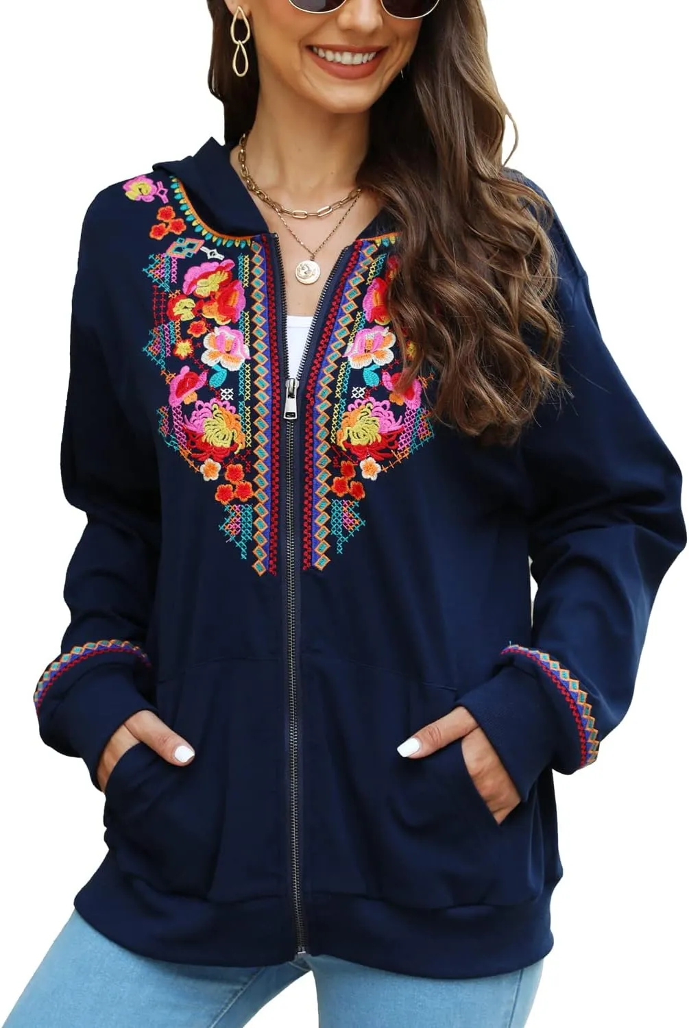 AK Women's Full Zip Long Sleeve Embroidered Sweatshirt Floral Boho Embroidered Mexican Hoodie Fall Winter Coat Tops Jackets