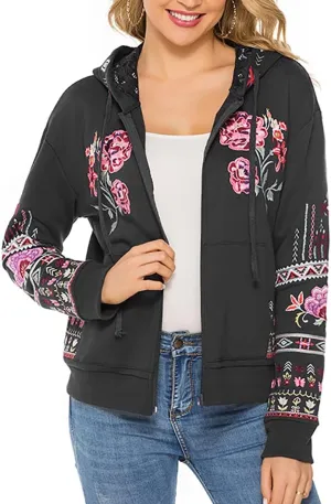 AK Women's Full Zip Long Sleeve Embroidered Sweatshirt Floral Boho Embroidered Mexican Hoodie Fall Winter Coat Tops Jackets