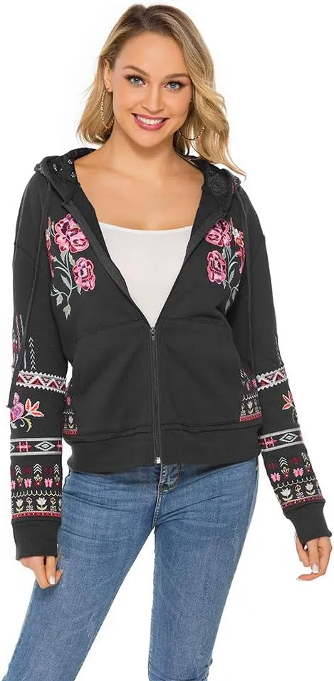 AK Women's Full Zip Long Sleeve Embroidered Sweatshirt Floral Boho Embroidered Mexican Hoodie Fall Winter Coat Tops Jackets