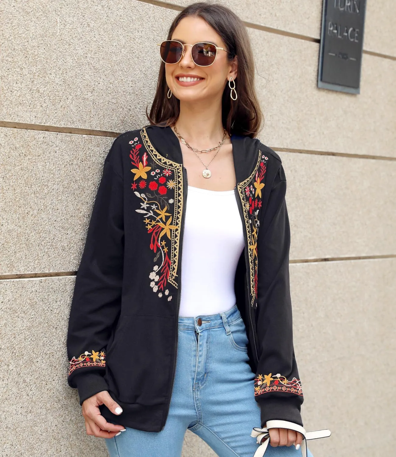 AK Women's Full Zip Long Sleeve Embroidered Sweatshirt Floral Boho Embroidered Mexican Hoodie Fall Winter Coat Tops Jackets