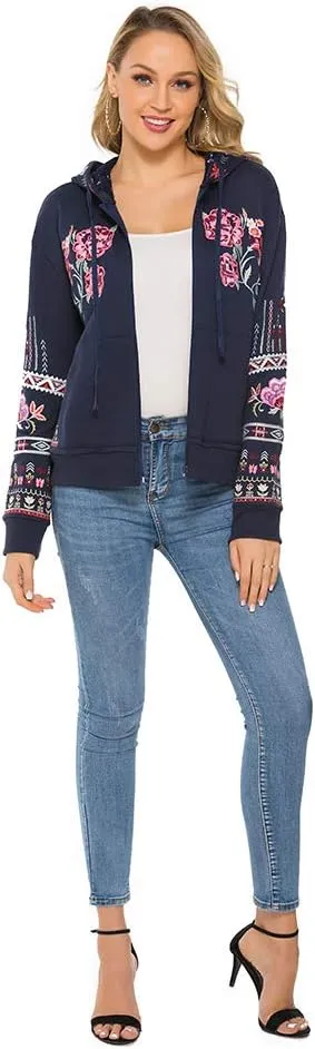 AK Women's Full Zip Long Sleeve Embroidered Sweatshirt Floral Boho Embroidered Mexican Hoodie Fall Winter Coat Tops Jackets