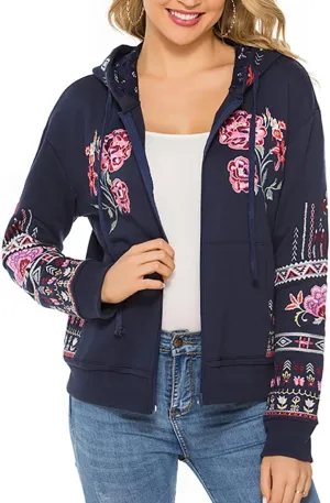 AK Women's Full Zip Long Sleeve Embroidered Sweatshirt Floral Boho Embroidered Mexican Hoodie Fall Winter Coat Tops Jackets