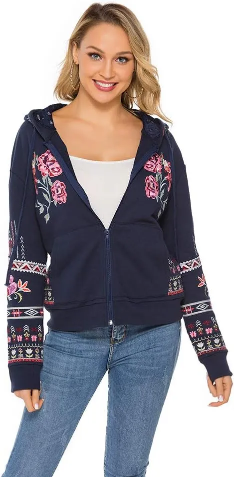 AK Women's Full Zip Long Sleeve Embroidered Sweatshirt Floral Boho Embroidered Mexican Hoodie Fall Winter Coat Tops Jackets