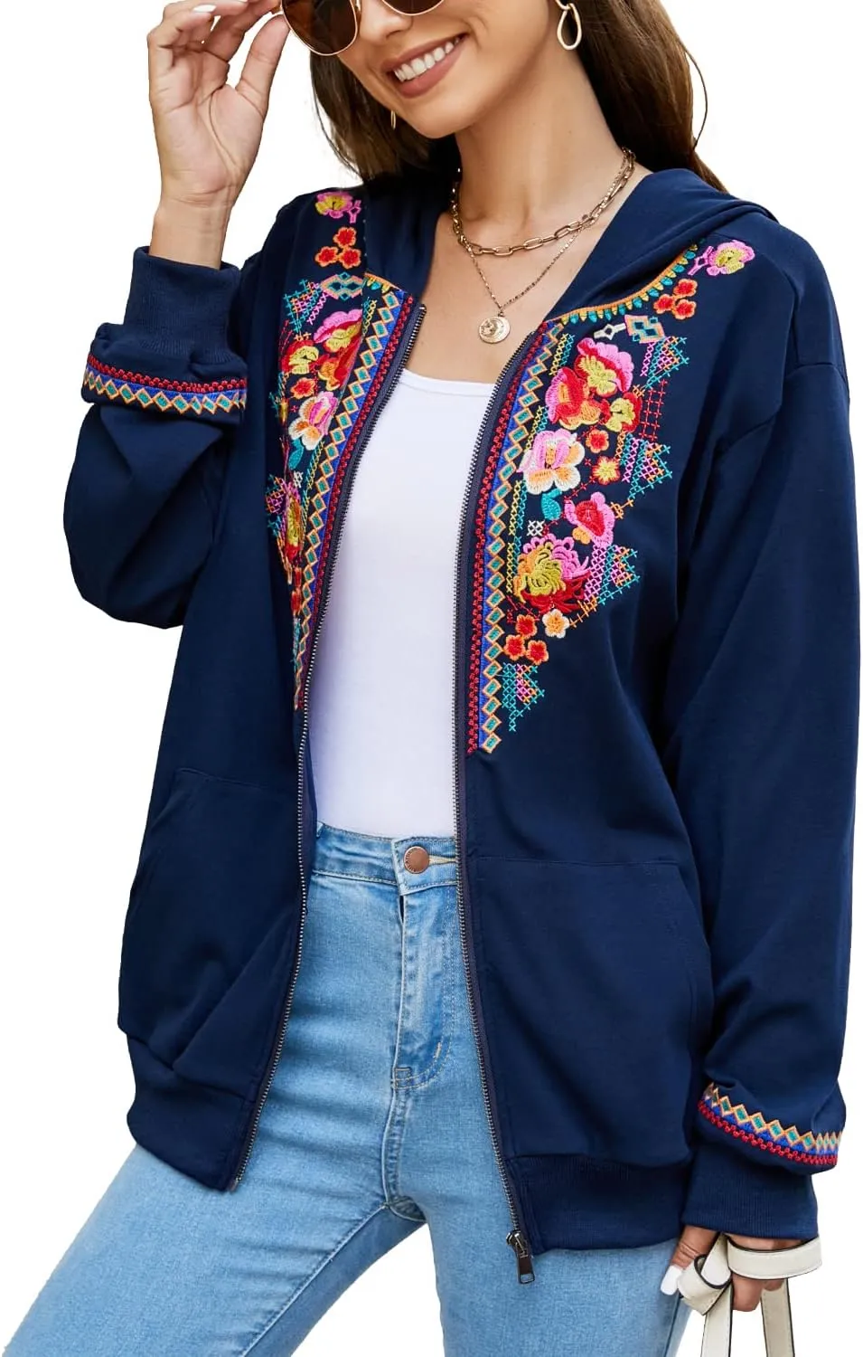 AK Women's Full Zip Long Sleeve Embroidered Sweatshirt Floral Boho Embroidered Mexican Hoodie Fall Winter Coat Tops Jackets