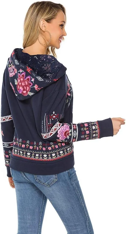 AK Women's Full Zip Long Sleeve Embroidered Sweatshirt Floral Boho Embroidered Mexican Hoodie Fall Winter Coat Tops Jackets