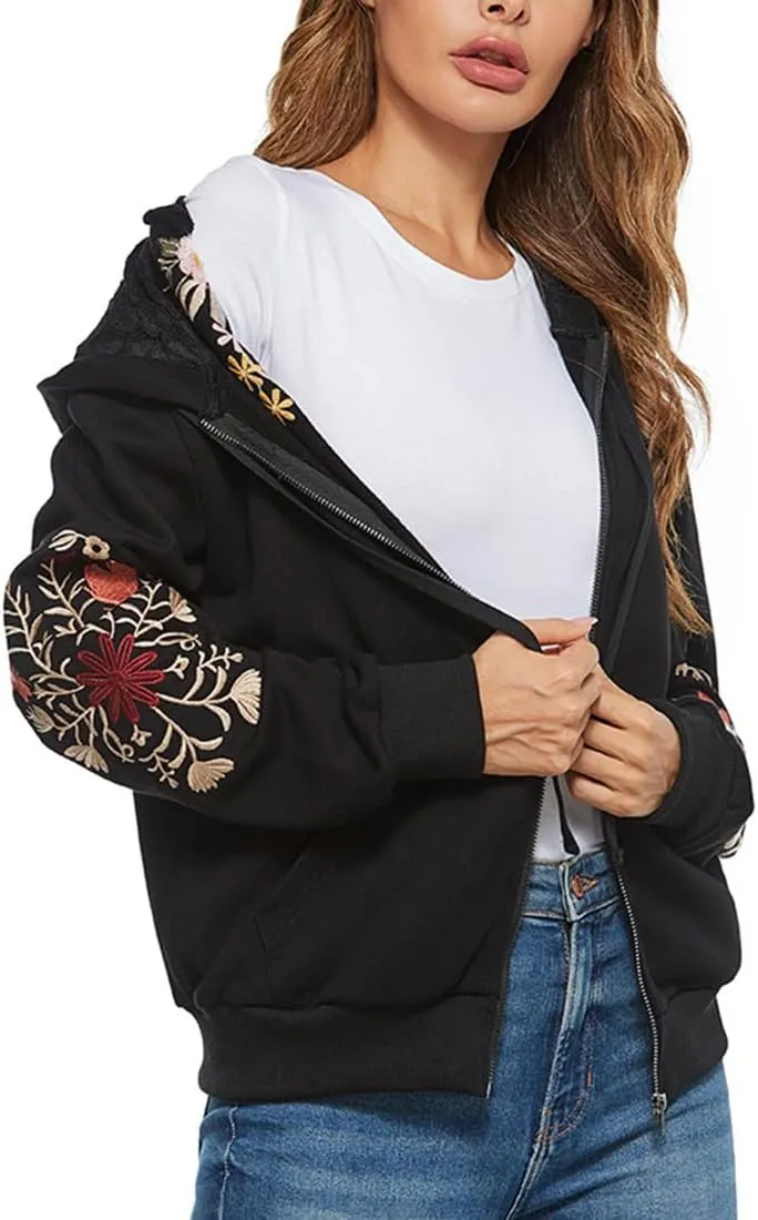 AK Women's Full Zip Long Sleeve Embroidered Sweatshirt Floral Boho Embroidered Mexican Hoodie Fall Winter Coat Tops Jackets