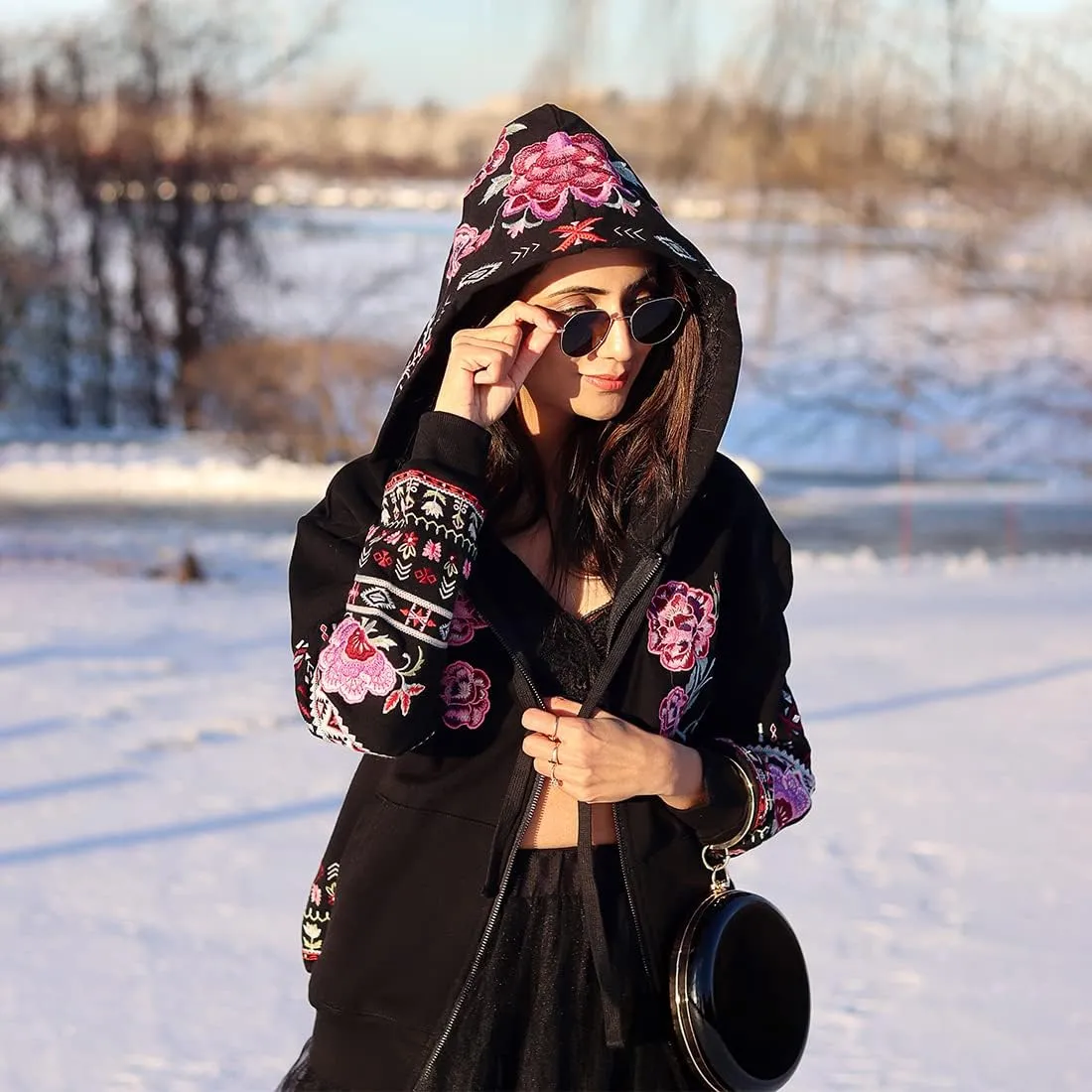 AK Women's Full Zip Long Sleeve Embroidered Sweatshirt Floral Boho Embroidered Mexican Hoodie Fall Winter Coat Tops Jackets