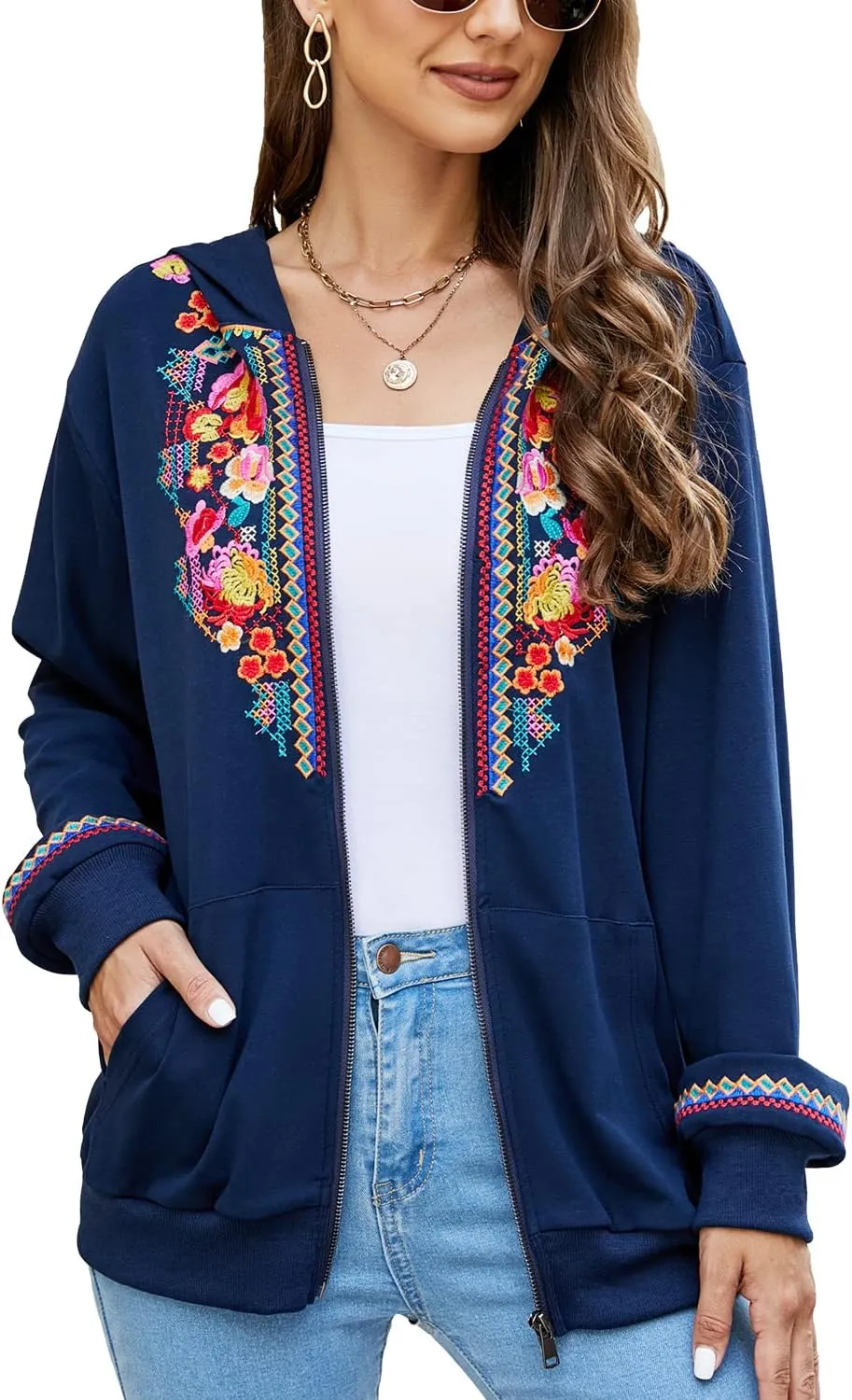 AK Women's Full Zip Long Sleeve Embroidered Sweatshirt Floral Boho Embroidered Mexican Hoodie Fall Winter Coat Tops Jackets