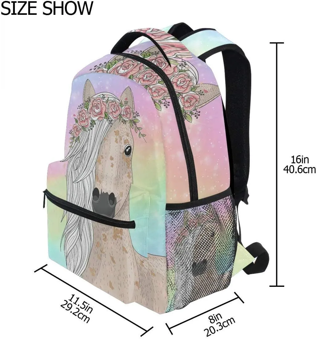 ALAZA Cute Rainbow Flower Horse Backpacks for Girls Elementary School Bookbag 3rd 4th 5th Grade