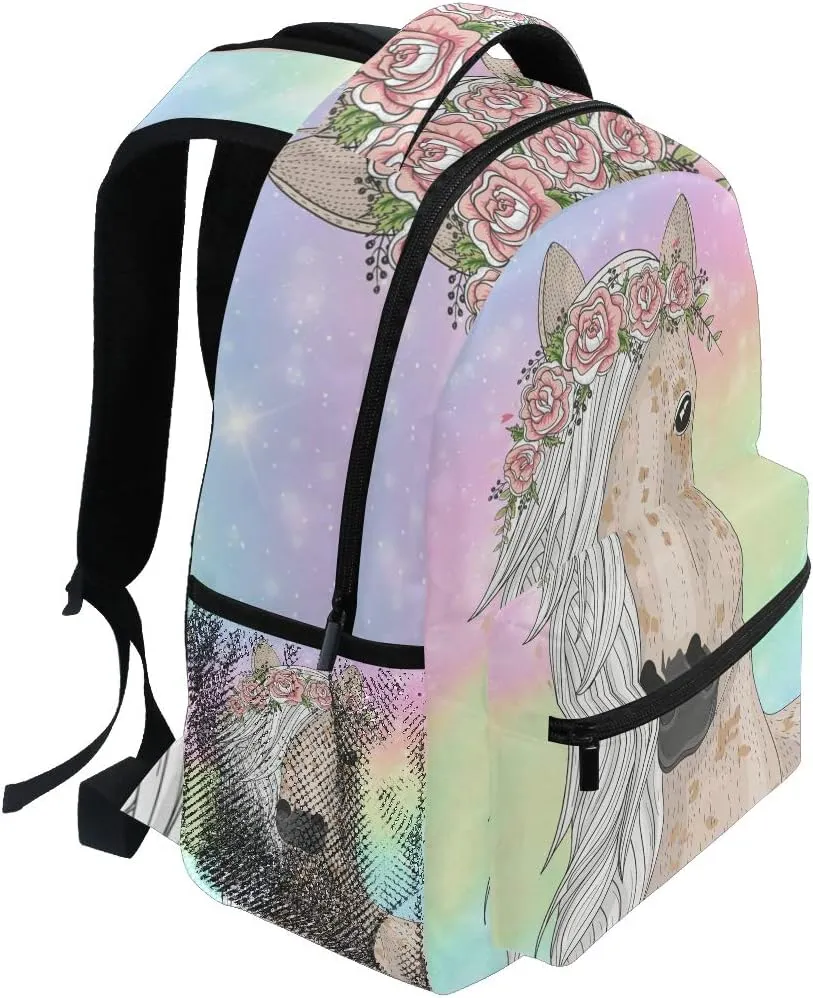 ALAZA Cute Rainbow Flower Horse Backpacks for Girls Elementary School Bookbag 3rd 4th 5th Grade