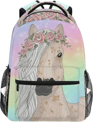 ALAZA Cute Rainbow Flower Horse Backpacks for Girls Elementary School Bookbag 3rd 4th 5th Grade