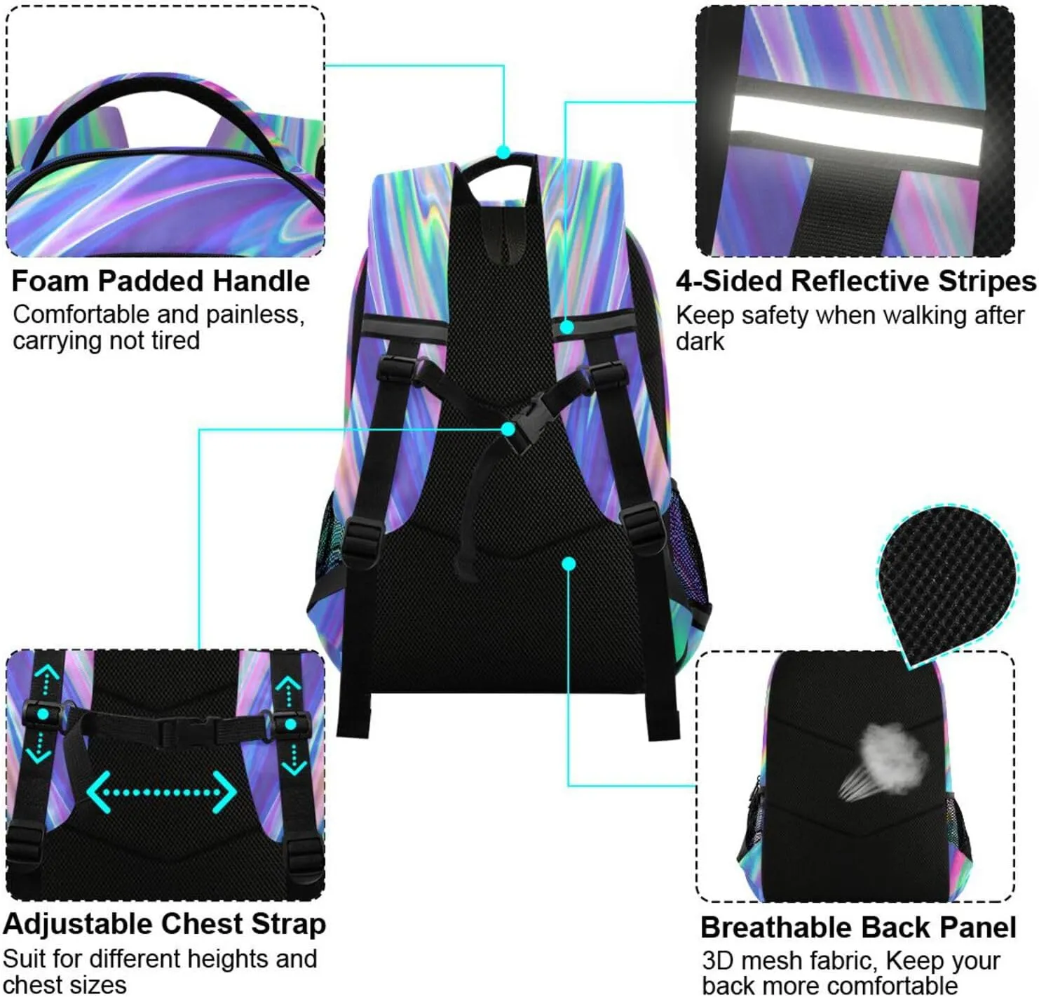 ALAZA Rainbow Holographic Swirl Tie Dye Backpack for Students Boys Girls School Bag Travel Daypack