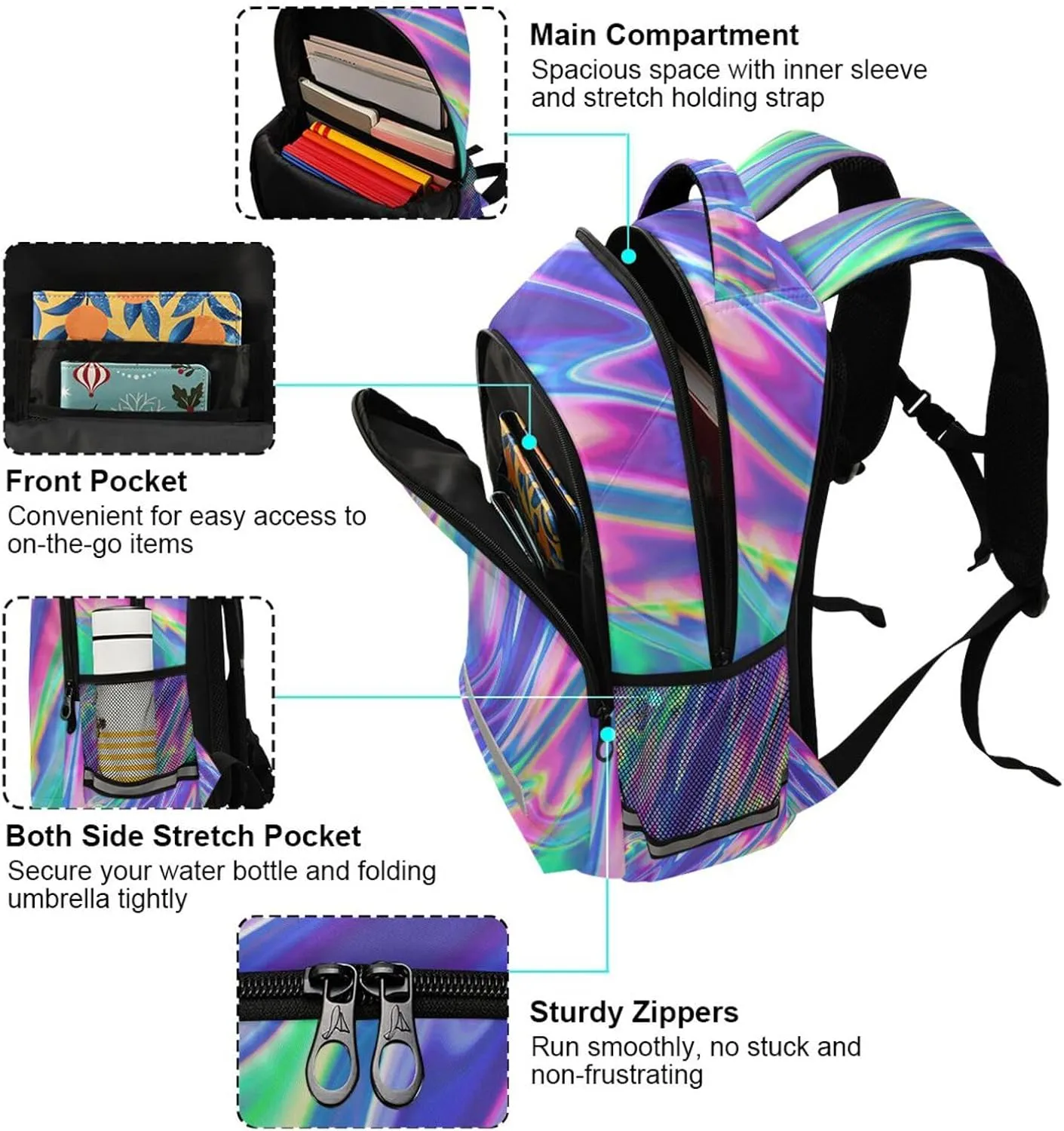 ALAZA Rainbow Holographic Swirl Tie Dye Backpack for Students Boys Girls School Bag Travel Daypack