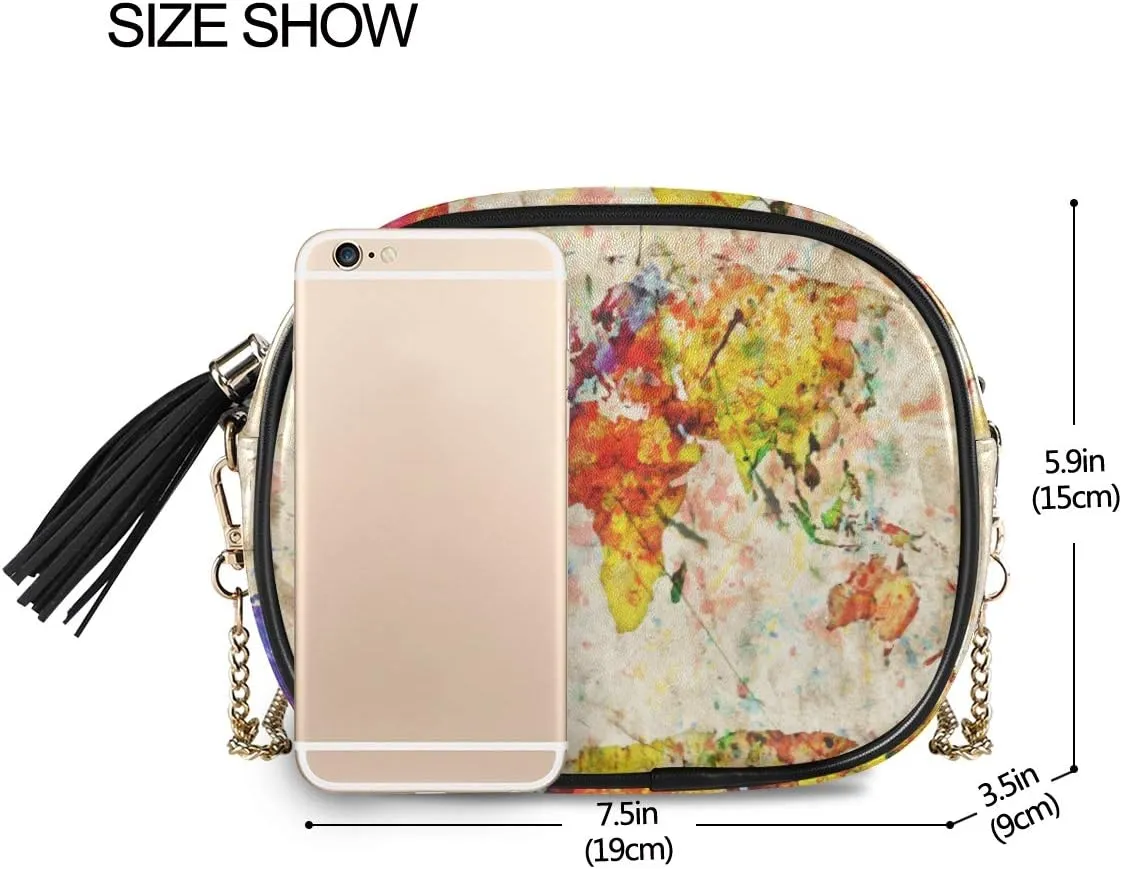 ALAZA Women's Vintage Rainbow World Map Cross Body Bag Chain Shoulder Handbag Purse with Tassel