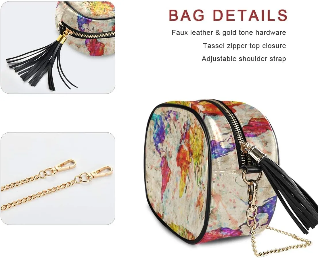 ALAZA Women's Vintage Rainbow World Map Cross Body Bag Chain Shoulder Handbag Purse with Tassel