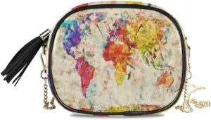 ALAZA Women's Vintage Rainbow World Map Cross Body Bag Chain Shoulder Handbag Purse with Tassel
