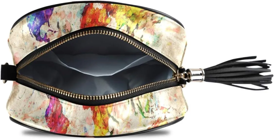 ALAZA Women's Vintage Rainbow World Map Cross Body Bag Chain Shoulder Handbag Purse with Tassel