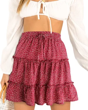 Alelly Women's Summer Cute High Waist Ruffle Skirt Floral Print Swing Beach Mini Skirt