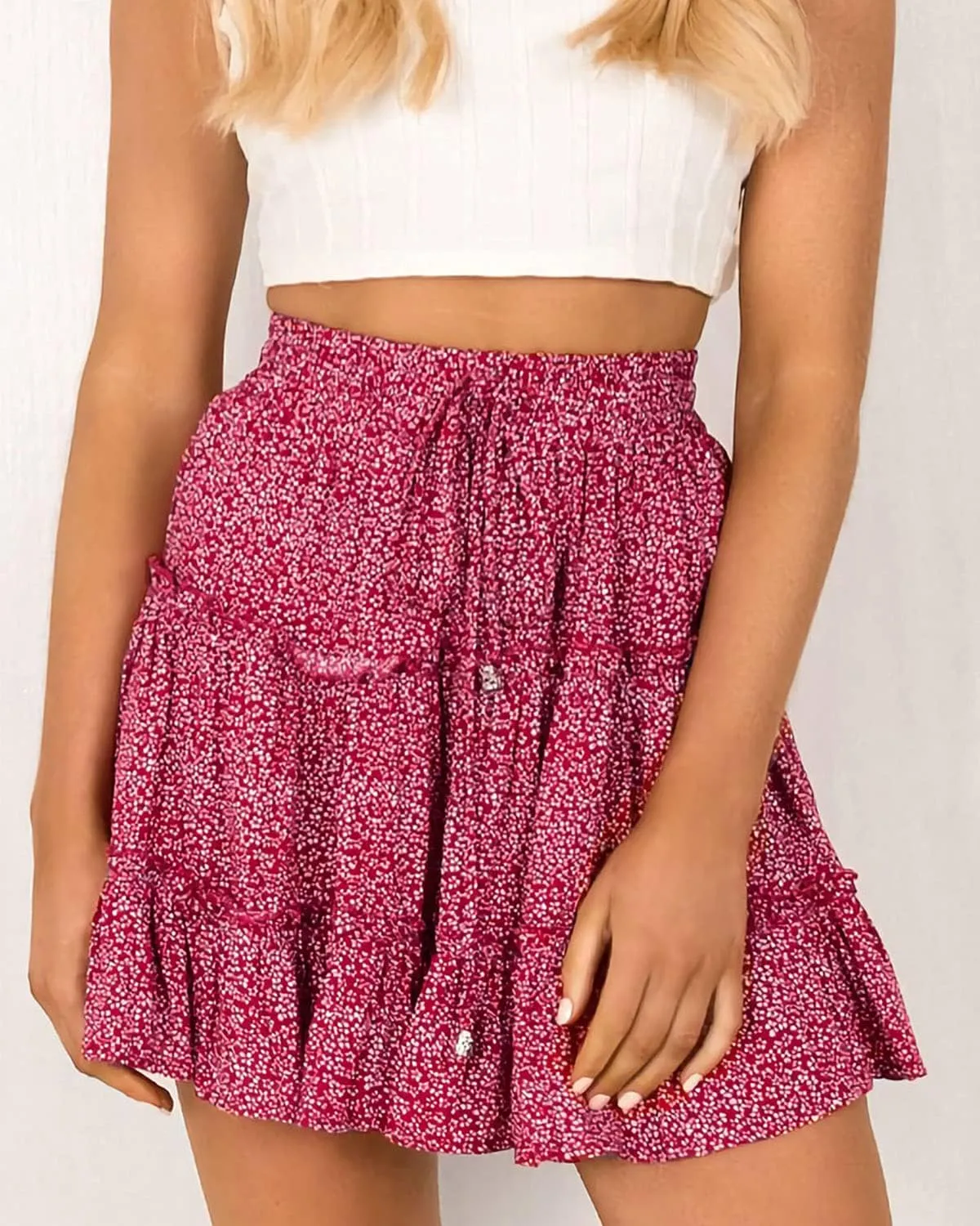 Alelly Women's Summer Cute High Waist Ruffle Skirt Floral Print Swing Beach Mini Skirt