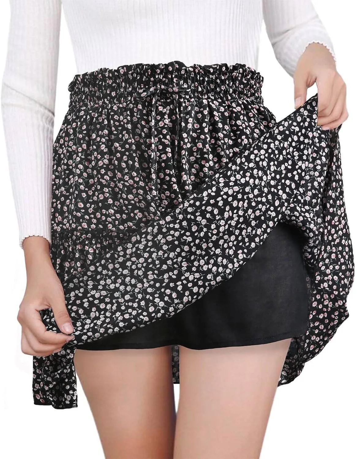 Alelly Women's Summer Cute High Waist Ruffle Skirt Floral Print Swing Beach Mini Skirt