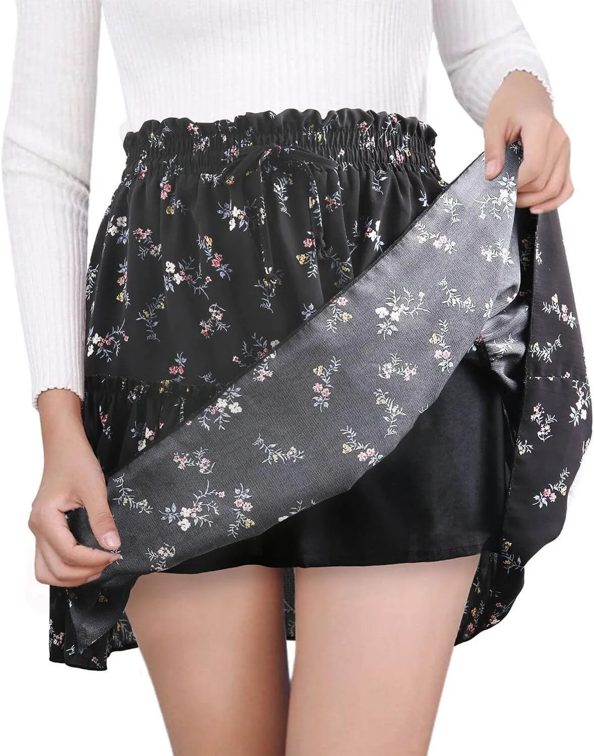 Alelly Women's Summer Cute High Waist Ruffle Skirt Floral Print Swing Beach Mini Skirt