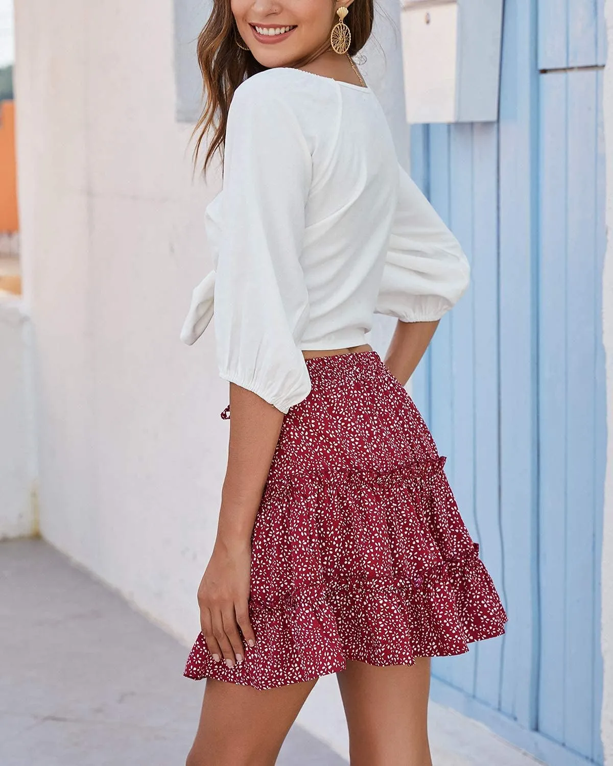 Alelly Women's Summer Cute High Waist Ruffle Skirt Floral Print Swing Beach Mini Skirt