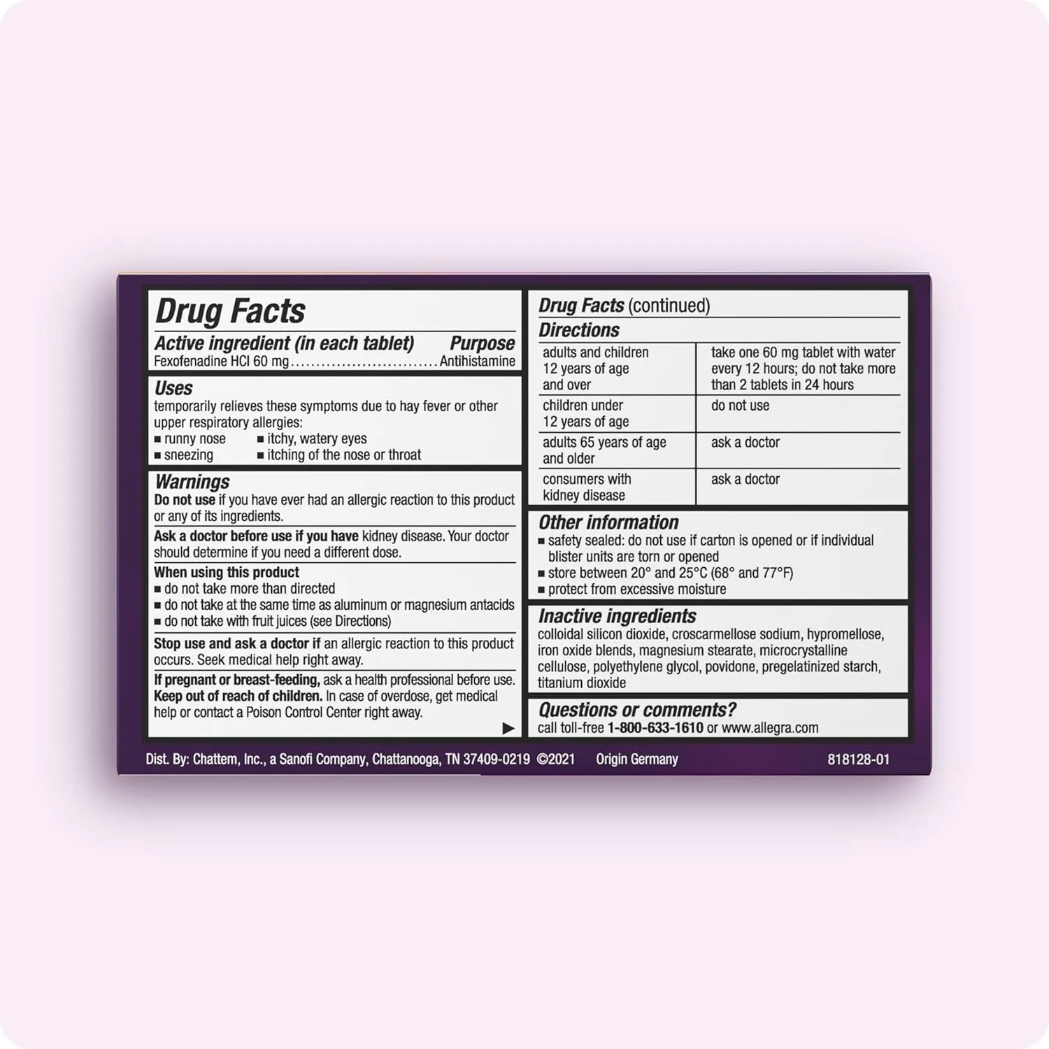 Allegra Adult 12-Hour Allergy Relief Tablets, Non-Drowsy Indoor and Outdoor Allergy Medicine, 60 mg Fexofenadine HCI Antihistamine Pill, 24-Count