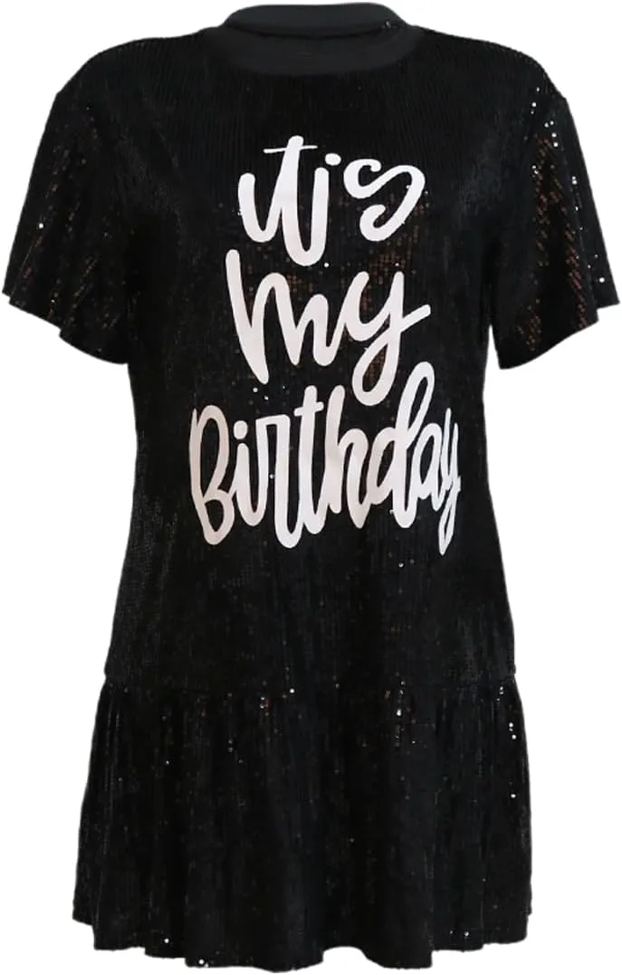 ALLUMK Women Sexy Glitter Sequin Shirts Dress Letter Graphic Print Half Sleeve Party Club Short Dress