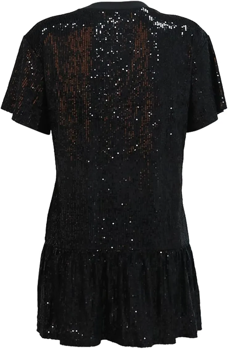 ALLUMK Women Sexy Glitter Sequin Shirts Dress Letter Graphic Print Half Sleeve Party Club Short Dress