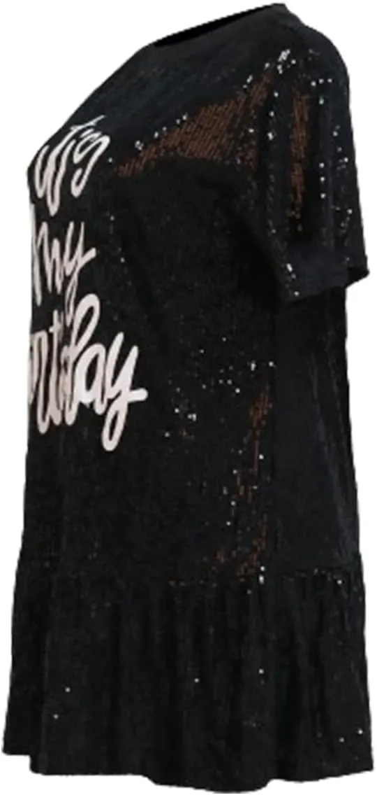 ALLUMK Women Sexy Glitter Sequin Shirts Dress Letter Graphic Print Half Sleeve Party Club Short Dress