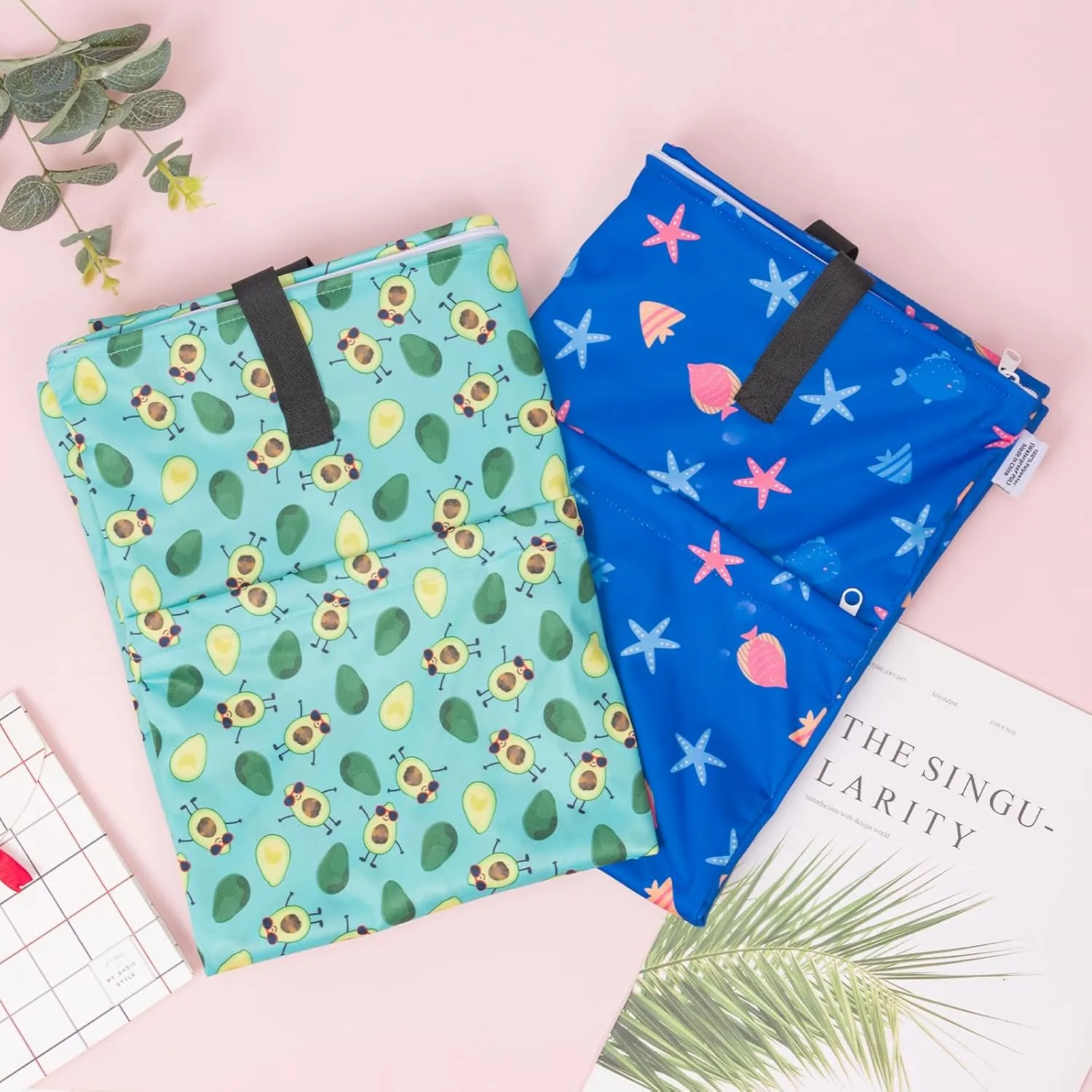 ALVABABY 2 Pack Large Wet Dry Bag Waterproof Hanging Cloth Diaper with Double Zippered Pockets 25x18 inches (Avocados and starfish)
