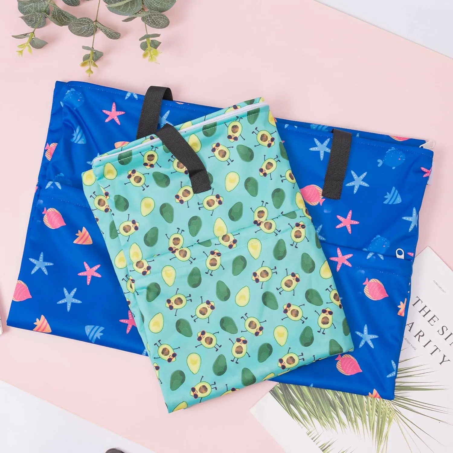 ALVABABY 2 Pack Large Wet Dry Bag Waterproof Hanging Cloth Diaper with Double Zippered Pockets 25x18 inches (Avocados and starfish)