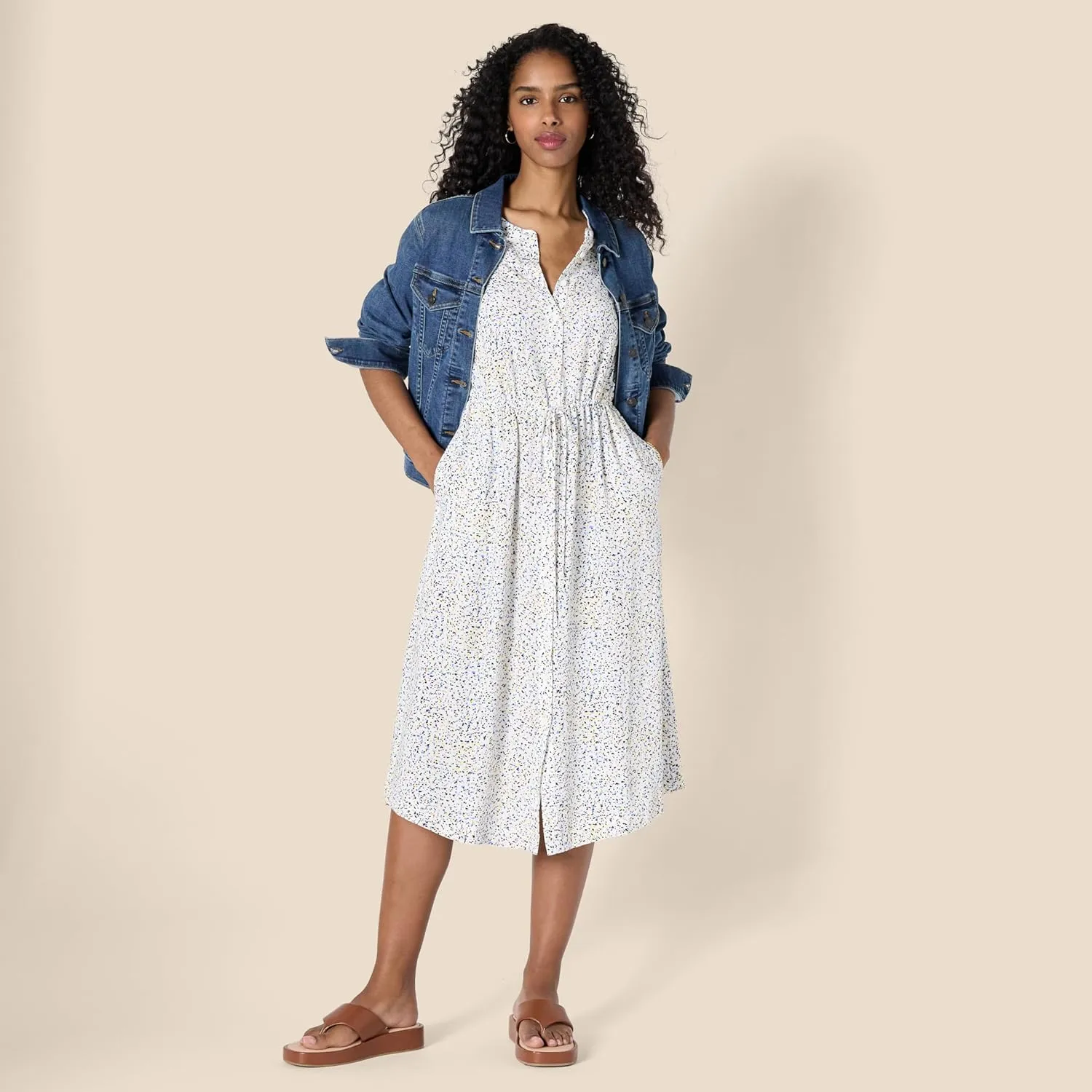 Amazon Essentials Women's Relaxed Fit Half-Sleeve Waisted Midi A-Line Dress