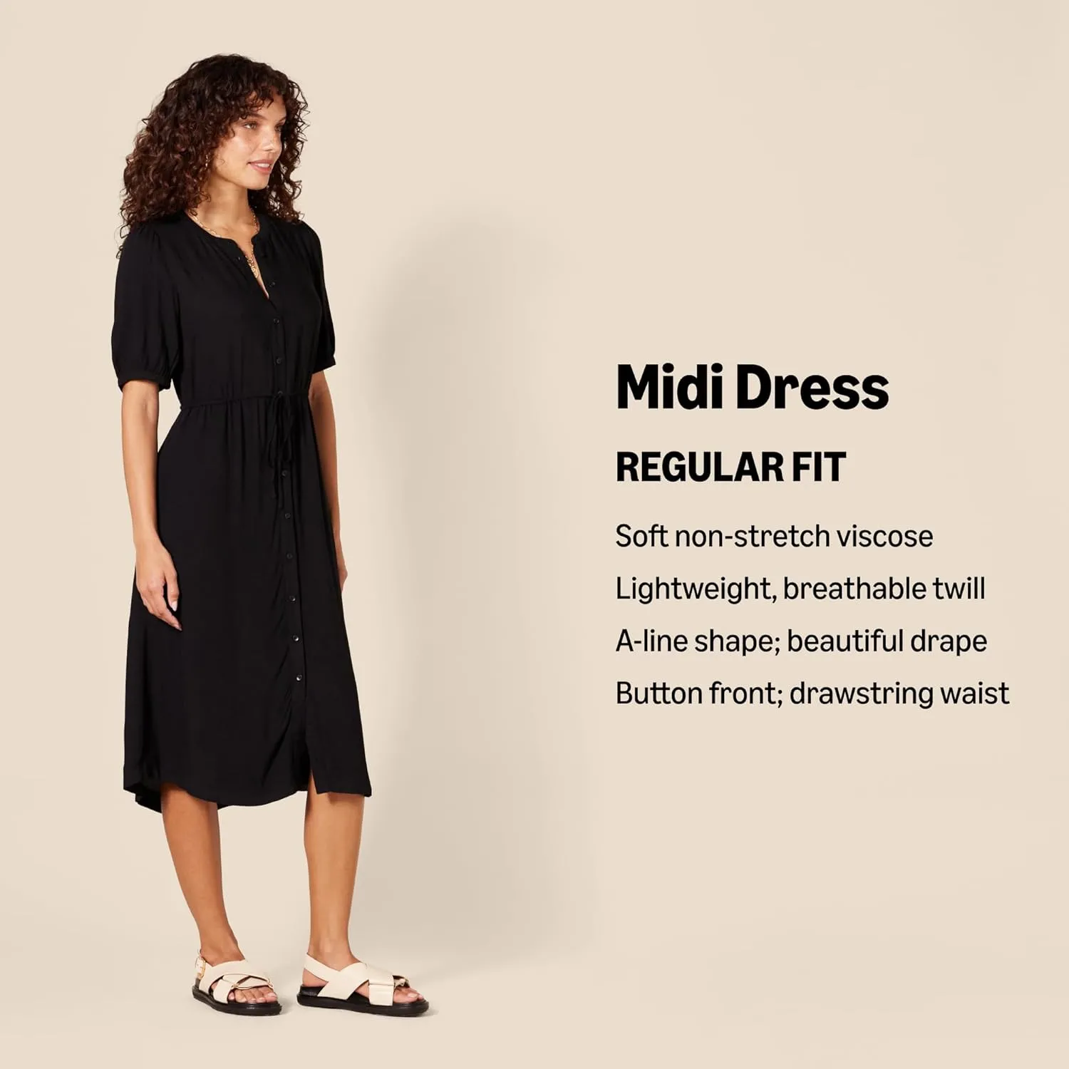 Amazon Essentials Women's Relaxed Fit Half-Sleeve Waisted Midi A-Line Dress