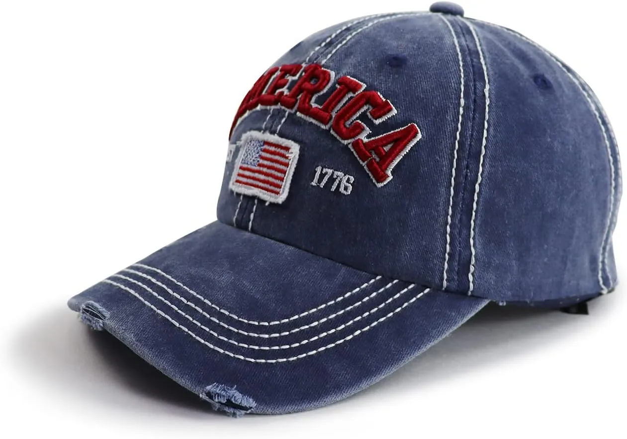 American Flag Hat for Men Women, Funny Adjustable Cotton Embroidered Distressed Baseball Cap