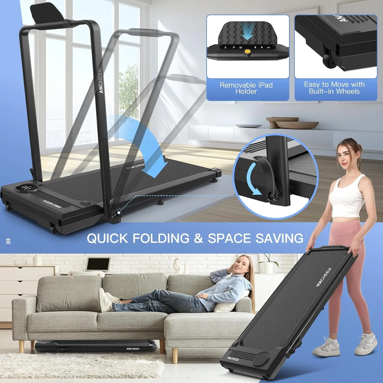 ANCHEER Walking Pad Treadmill with Incline and Handle Bar - Under Desk Treadmill 4 in 1 Folding Treadmills for Home Office/LED Display/Dual Control/12 Preset Programs