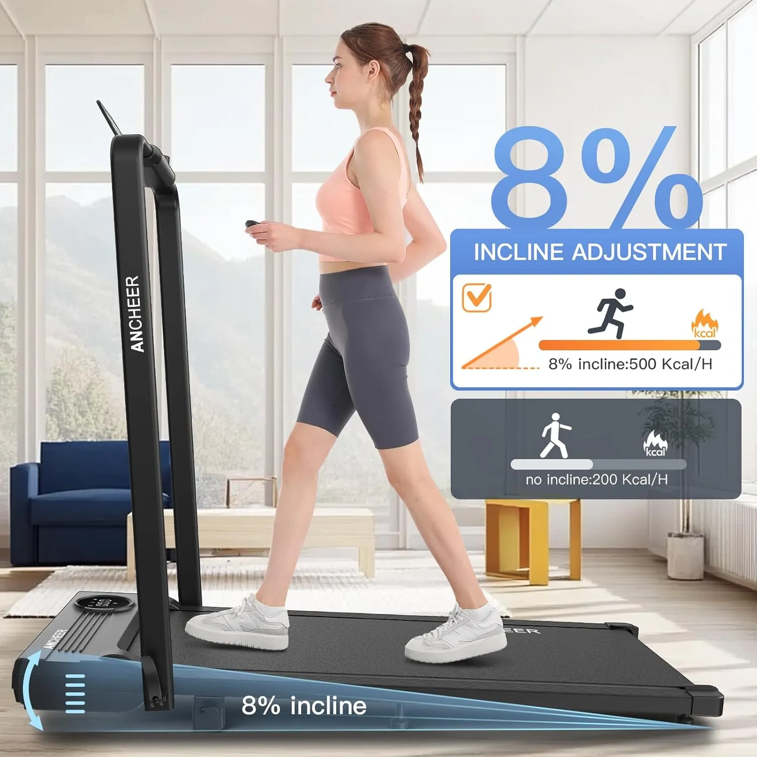 ANCHEER Walking Pad Treadmill with Incline and Handle Bar - Under Desk Treadmill 4 in 1 Folding Treadmills for Home Office/LED Display/Dual Control/12 Preset Programs
