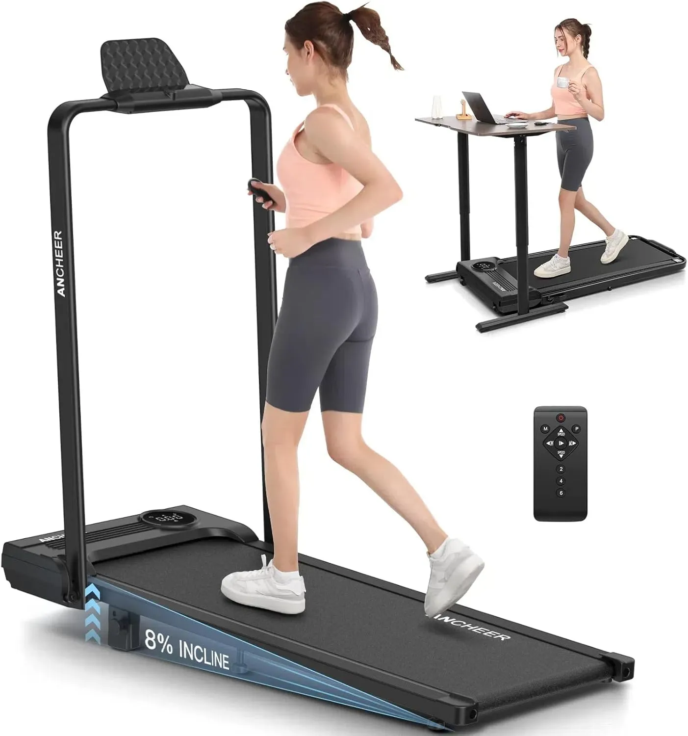 ANCHEER Walking Pad Treadmill with Incline and Handle Bar - Under Desk Treadmill 4 in 1 Folding Treadmills for Home Office/LED Display/Dual Control/12 Preset Programs